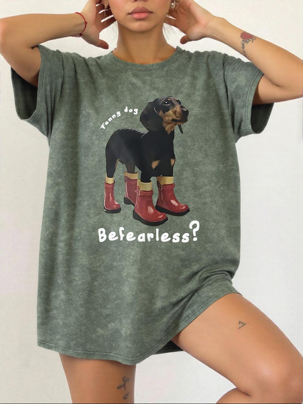 Funny Dog Befearless Cotton Washed TShirts Womens Oversize T Shirt Casual Comfortable Short Sleeve Tops Summer ONeck Clothes S