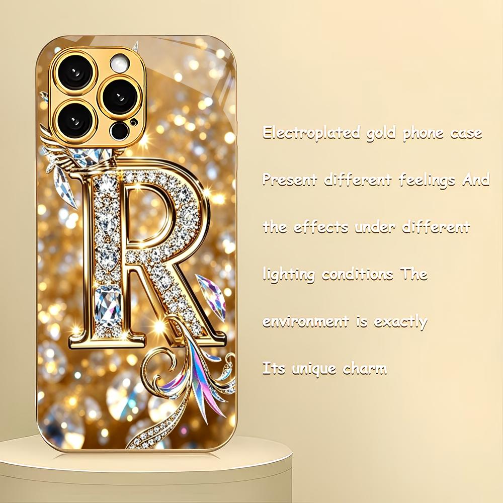 The Letter R Gold Plated Glass Phone Case Is Suitable for iPhone 17 16 15 14 13 12 11 Pro/Max/Plus Shockproof Back Cover