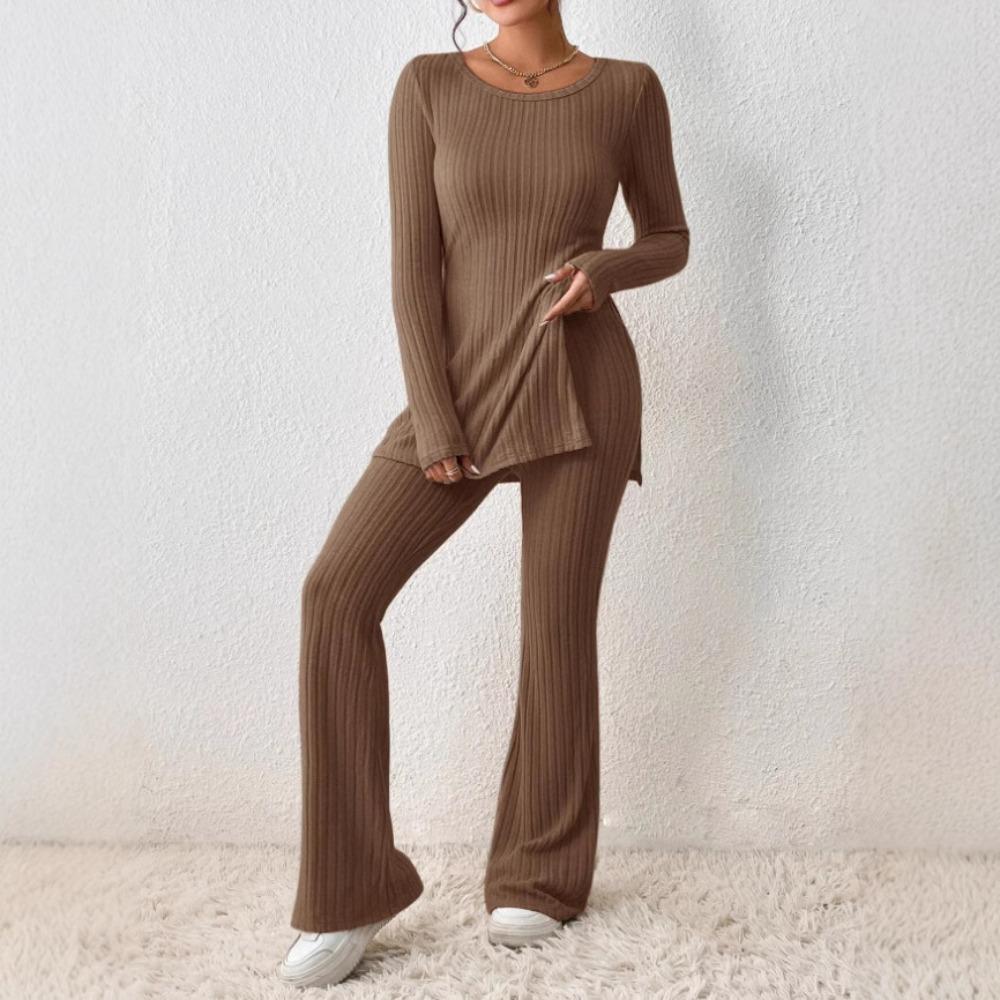Women's Loose Fit Two-piece Suit Long Sleeve Knit Top High Waist Flare Pants Solid Ribbed Loungewear Matching Set