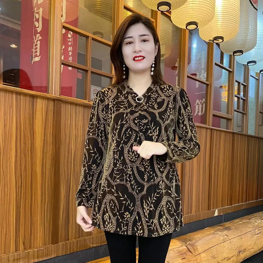 Autumn Long-sleeved New Fashionable Streamer Stretch Printed Temperament Medium-length Middle-aged Elderly Mother Top