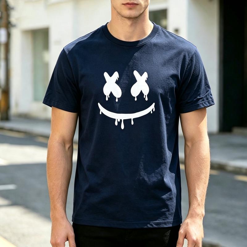Grunge Smile Face Print T Shirt Soft Cotton Short Sleeve Top For Unisexs Edgy Streetwear Everyday Urban Fashion
