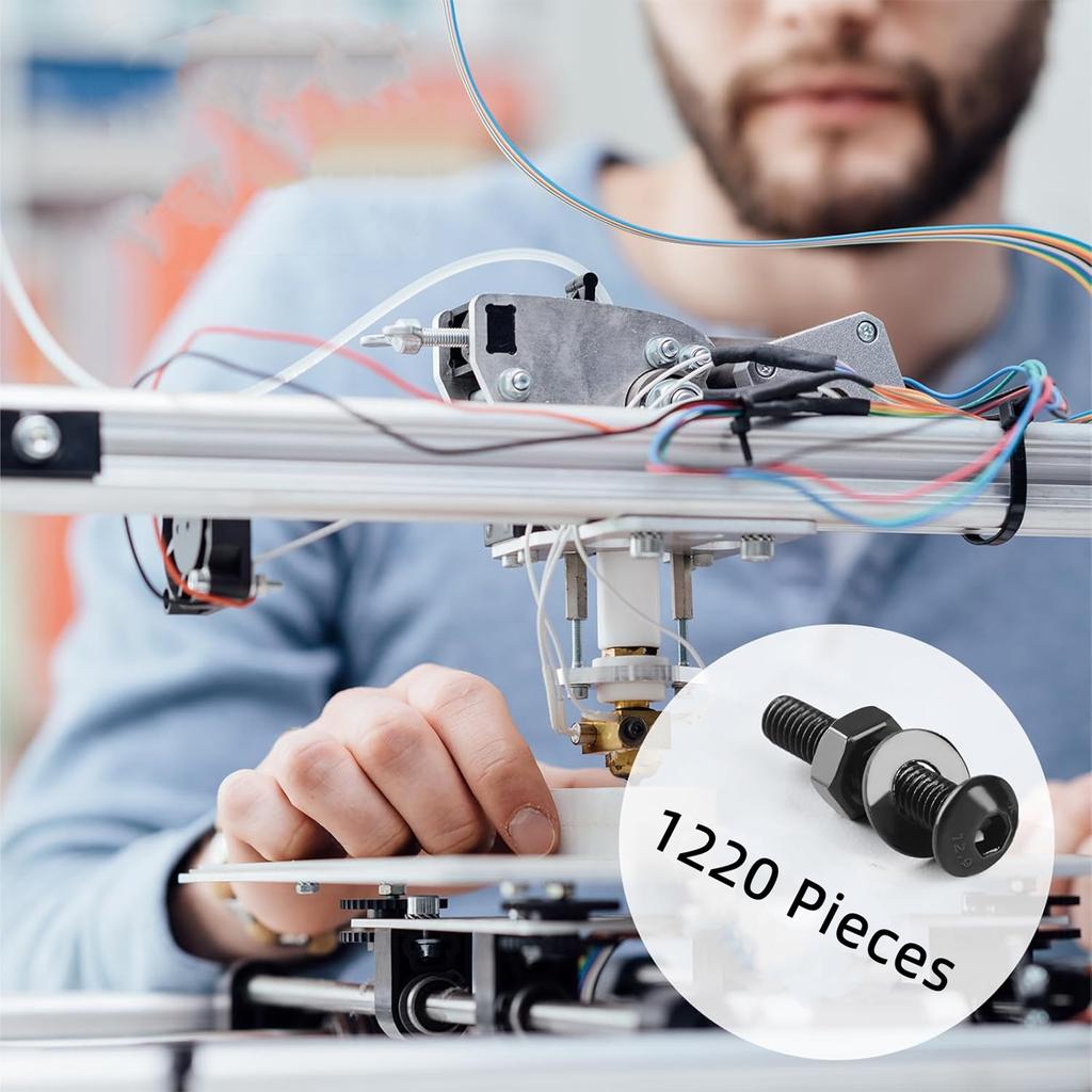 1220Pcs 10.9 Grade Alloy Steel Hex Socket Button Cap Head Metric Screw Assortment Small Machine Screw Set for 3D Printing DIY