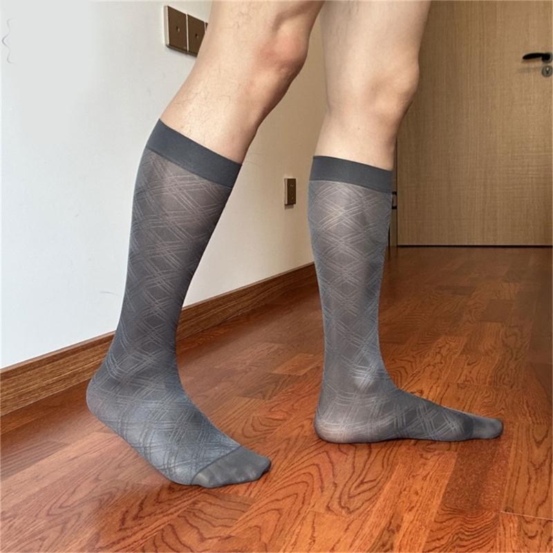 Men's Breathable Nylon Thin Dress Socks with Argyle Pattern Design Middle Calf Business Formal Socks Hosiery Gift