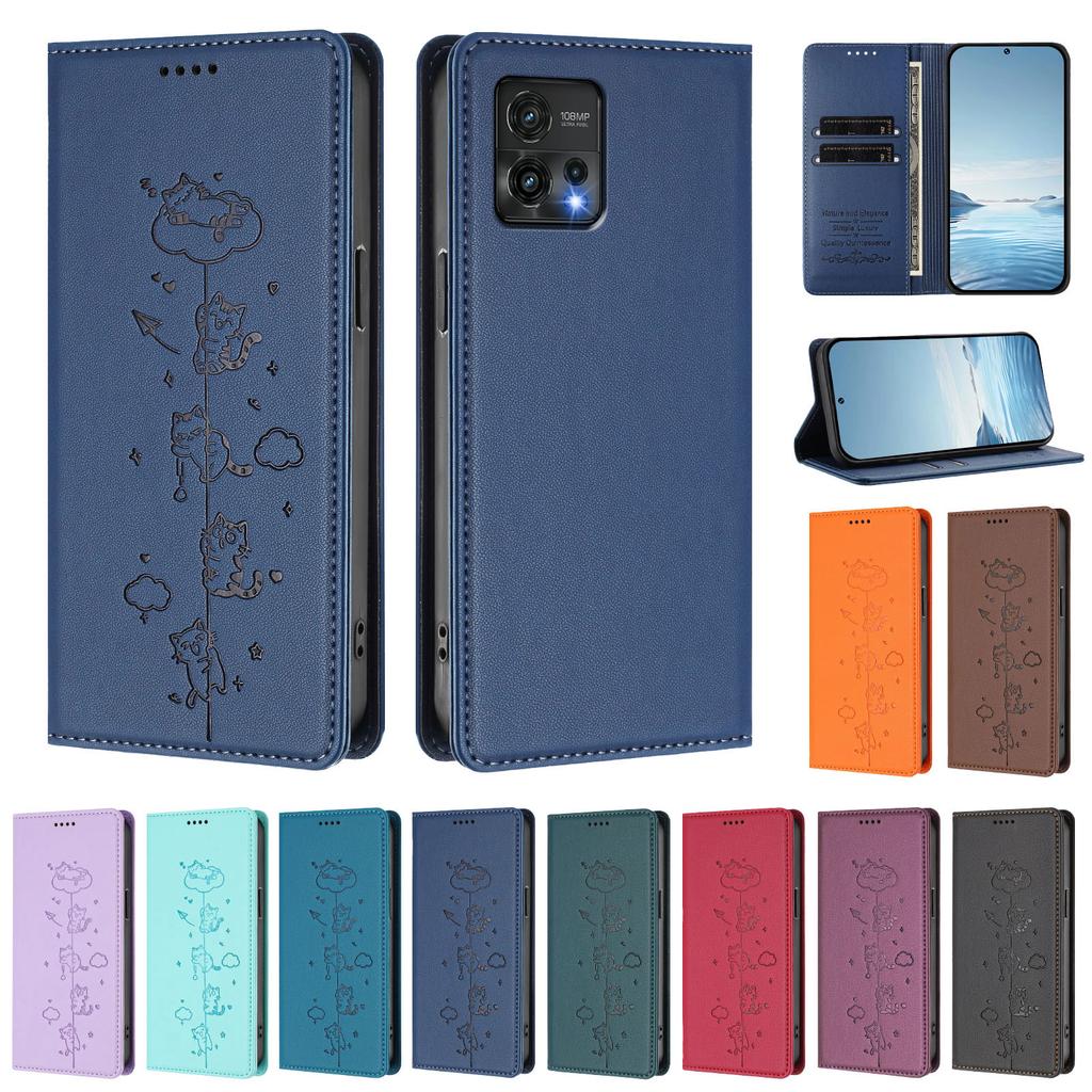 Cute Cat Leather Flip Wallet Case on For Motorola Moto G72 G32 G22 G71 G51 G41 G31 G30 G20 G10 Power RFID Protective Phone Cover