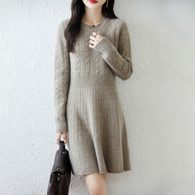 Women Sweater Dress 100% Wool MODERN NEW SAGA O-neck Knit Long Pullover Winter Jumpers Wool Long Dress Female