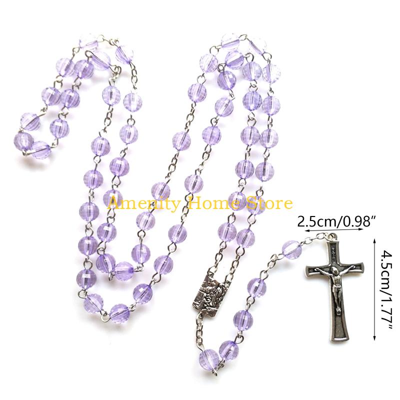 F26C Jesus for Cross Pendant Necklaces for Women Catholic Virgin-Mary Religious Prayer Rosary Necklace Long Crystal Bead Chai
