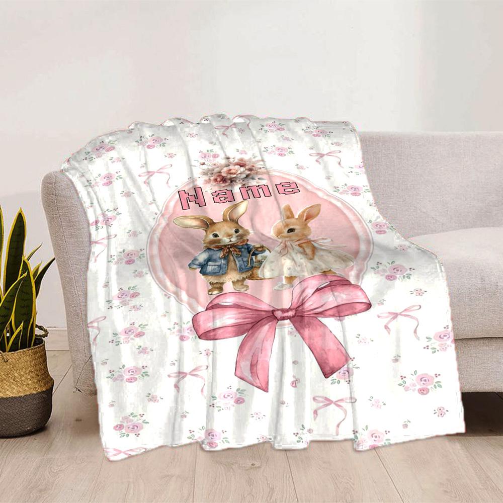 Home Customize Your Name Floral Bunny Couple Pink Bow Blanket Comfortable Soft Lightweight Allseason Multipurpose Blanket For Picnics Sofas Offices