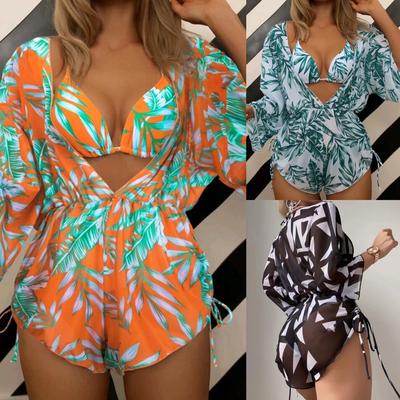 Women's Swimwear In a 3-Piece Leaf Plant Print Triangle Halter Neck Bikini Set with Cover Up Drawstring Side Overalls Jumpsuit