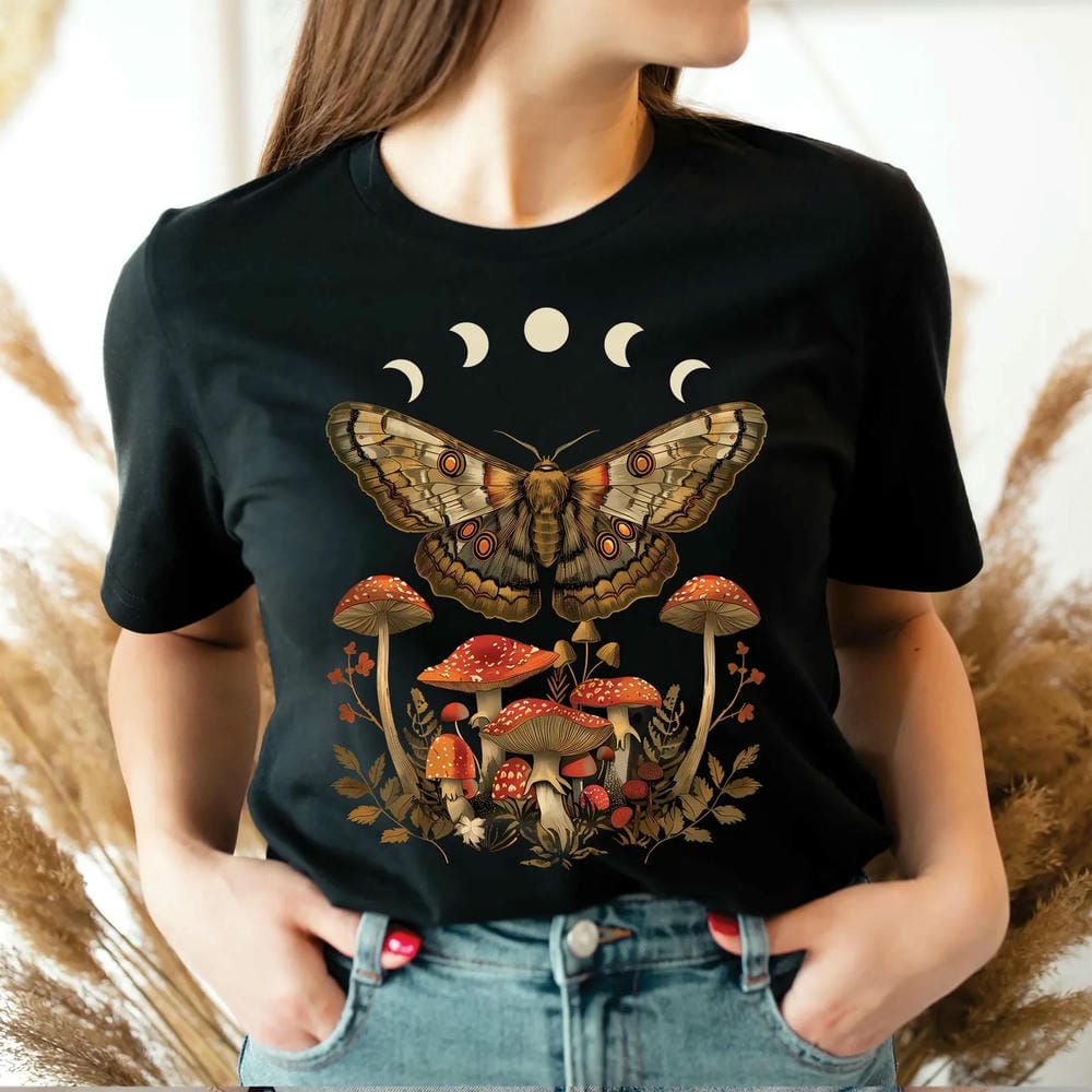 Damska Vintage Dark Academia Goblincore Ćma Fazy Księżyca Grzyby Vintage Cottagecore Estetyka Unisex Góra Krótki Rękaw Streetwear