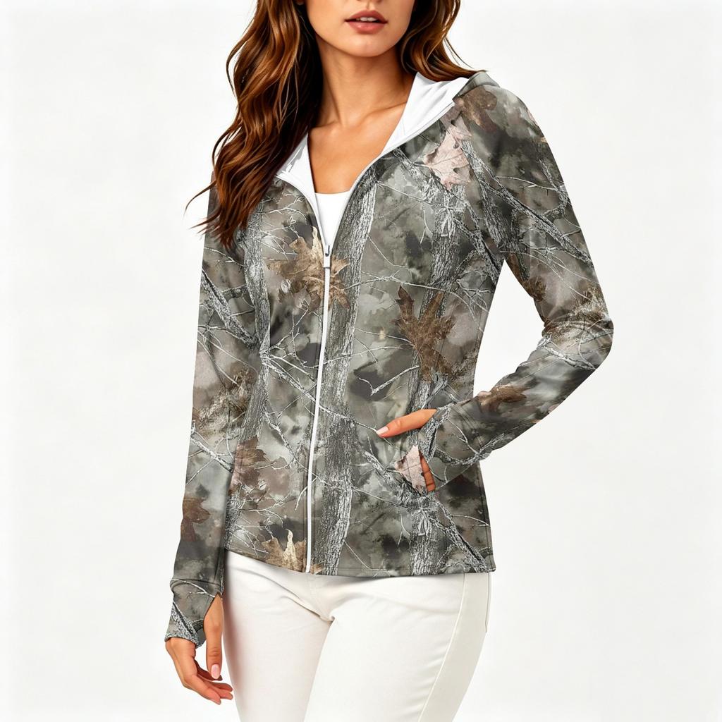 Women's Lightweight Hooded Zip-Up Jacket with Long Sleeves Pockets and Printed Design Sun Protection Outerwear for Outdoor Activities