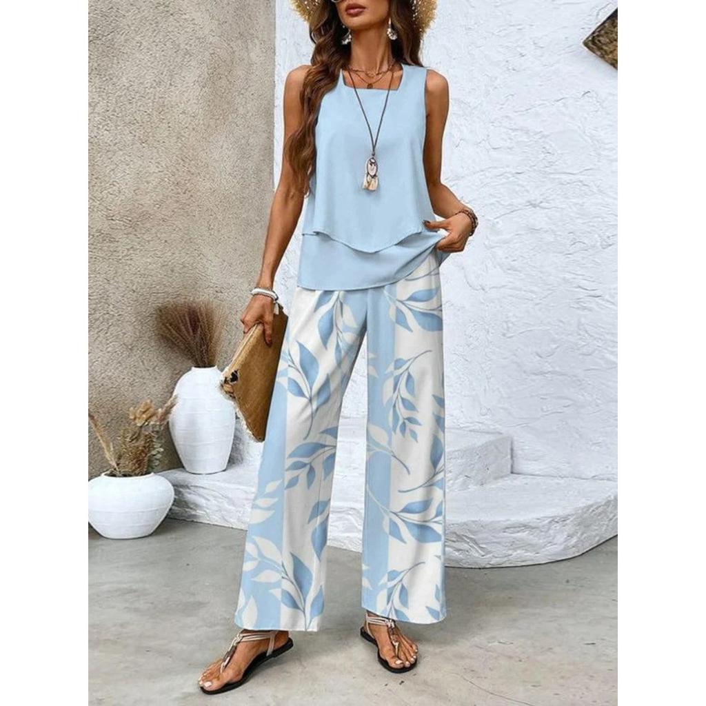 Novedades de Primavera y Verano, Conjuntos Casuales, Estampados de Moda, Ropa de Mujer sin Mangas, Chalecos de Doble Capa, Colores Lisos, Conjuntos Estampados