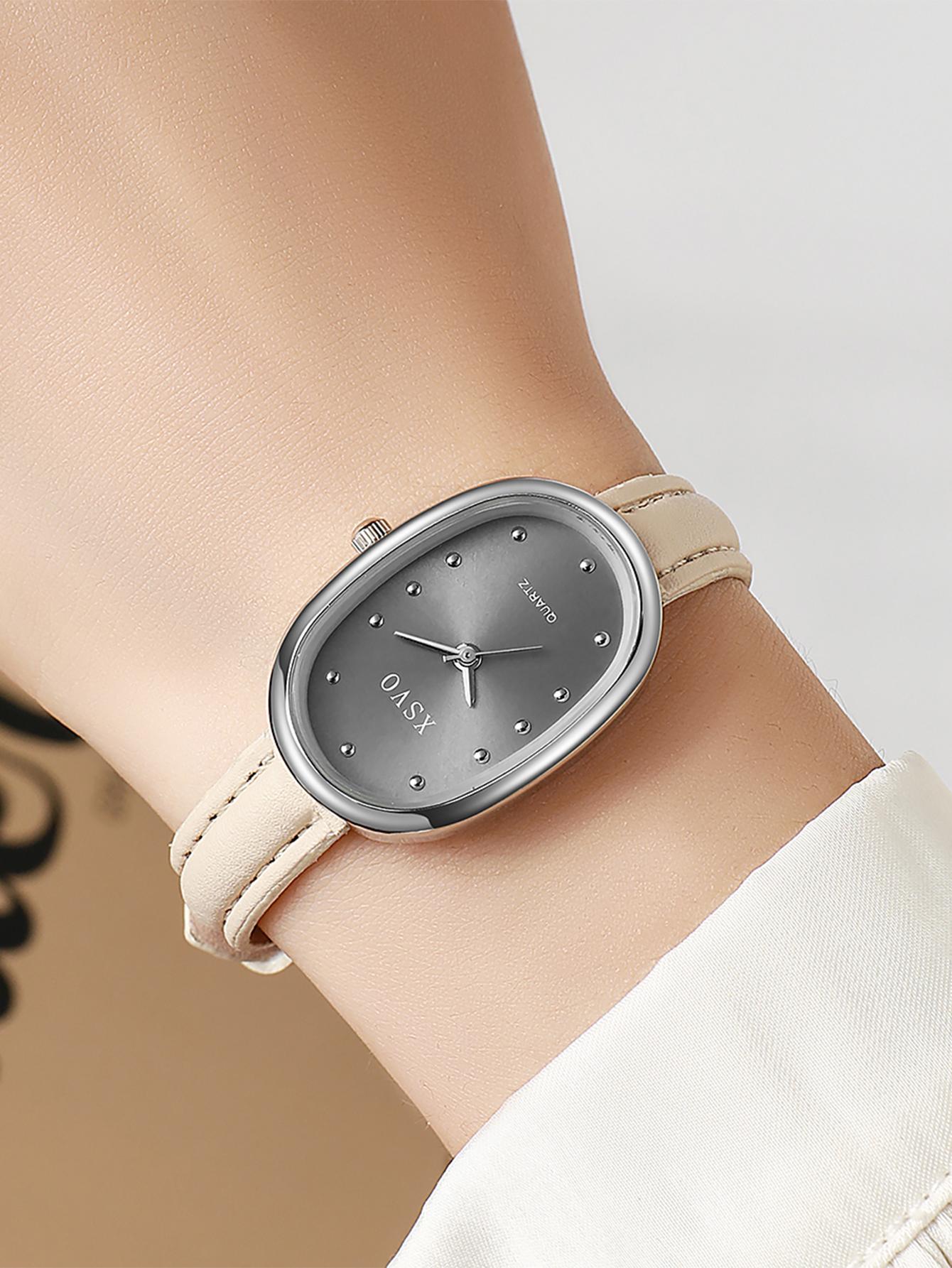 

Women s stylish quartz watch with a point scale metallic leather strap for Halloween Christmas gift серебряный