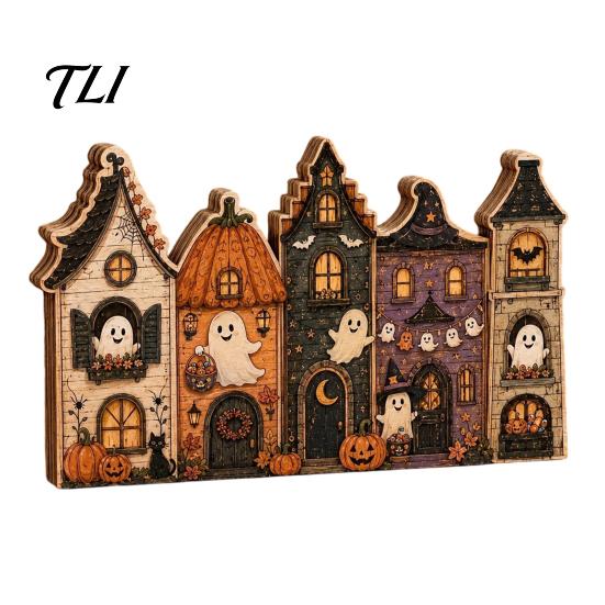 Autumn Theme Interior Ornaments Halloween Retro Haunted Village Wooden Tabletop Decor, Fall Farmhouse Witch Mantle Decorations House Ornament,
