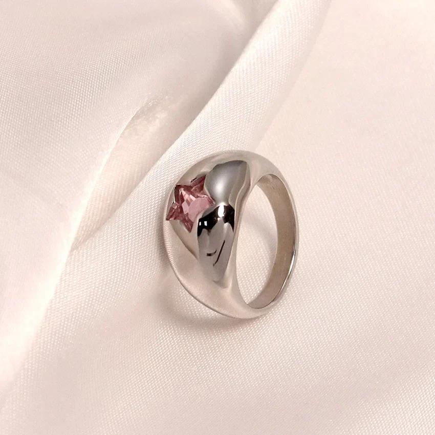 

Thick Dome Pink Crystal Knuckle Ring for Women Wide Chunky Star CZ Zircon Rings Bride Designer Aesthetics Zircon Accessories size 6