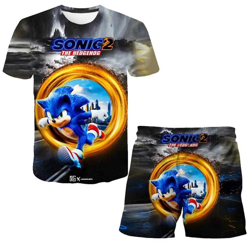 2025 MINISO New boys and girls super sonic Tshirts+shorts  Harajuku Sonic print suit T-shirt + shorts fashion street style children's short sleeves