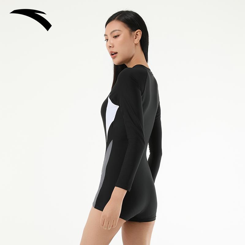 Anta Sun Protection Waist-Defining Detachable Chest Pad Long Sleeve One-Piece Swimsuit Women Swimsuit Black 9825332452-1