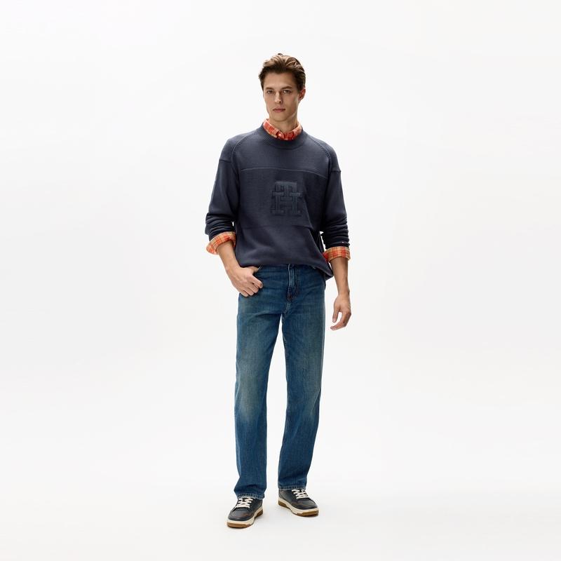 Tommy Hilfiger Cotton Plain Letter Embroidery Casual Commuter Crew Neck Fitted Knit Sweater Men Sweater XM0XM03130