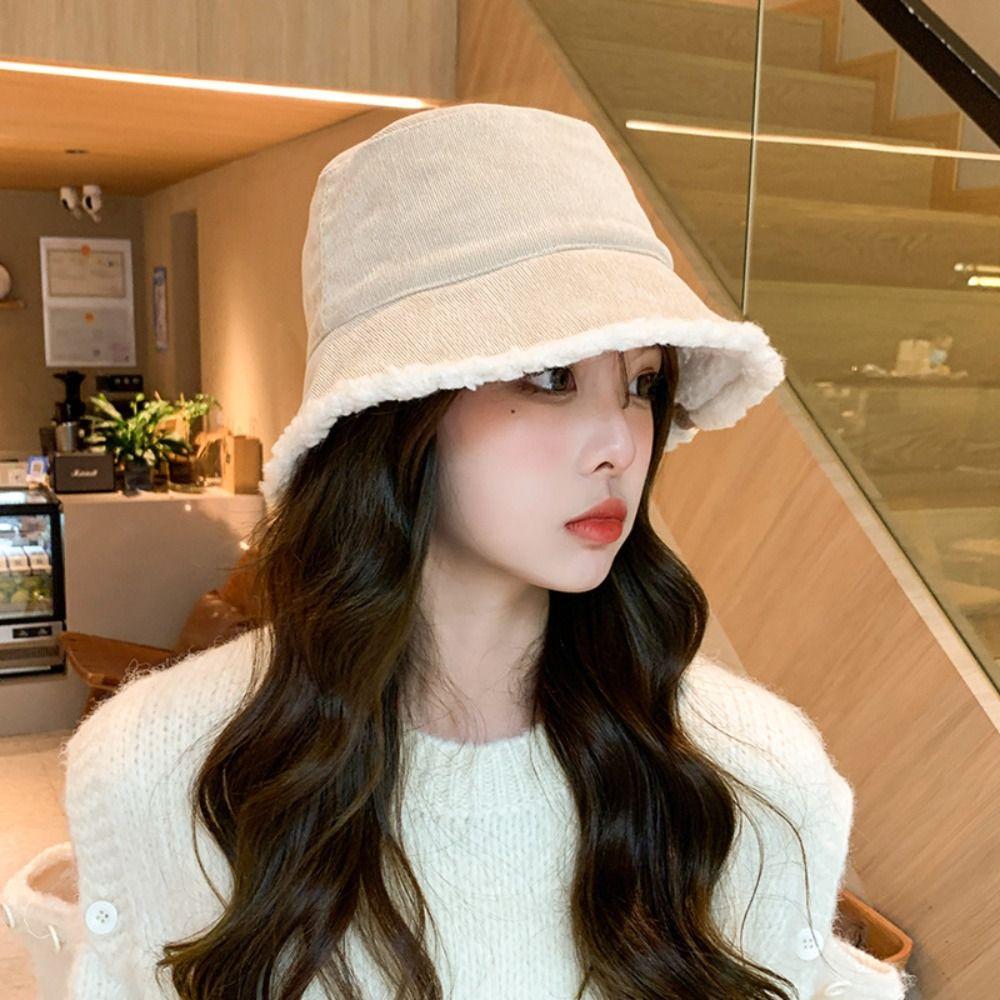 Casual Lamb Wool Bucket Hat Simple Plush Fishman Hat Portable Female Hats Winter  Girl