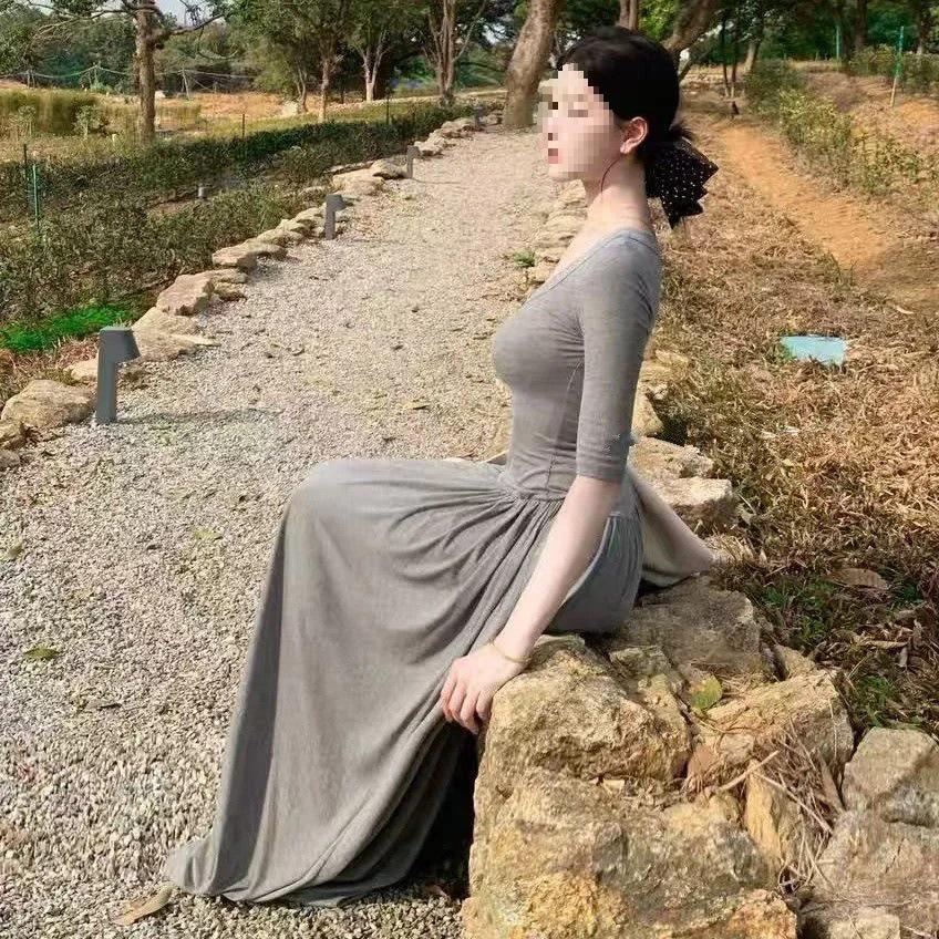 Elegant Ballet-Inspired Grey Short-Sleeved Dress for Women - Summer 2026 High-End, Waist-Cinched, Beautifully Pleated Long Dress