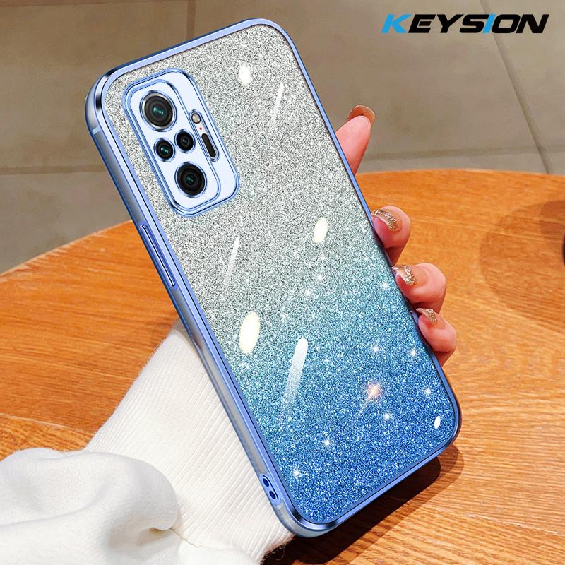 KEYSION Luxury Plating Glitter Phone Case for Redmi Note 10 10S 10 Pro 4G Transparent Soft TPU Shockproof Cover for Xiaomi POCO M5S