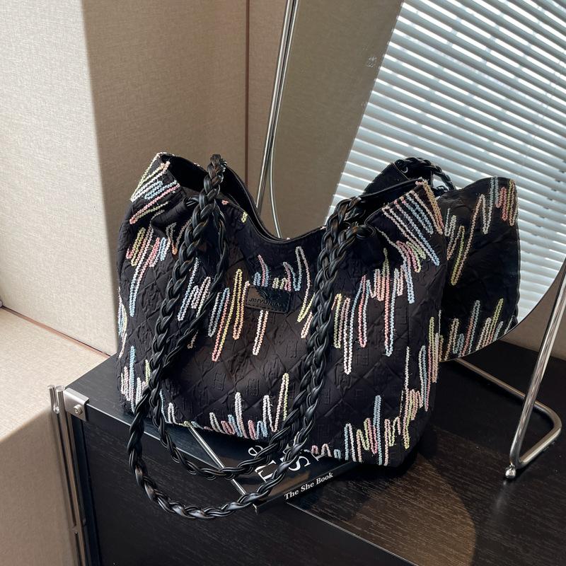 Student class canvas bag women's 2025 new summer shoulder armpit bag striped large-capacity commuter tote bag