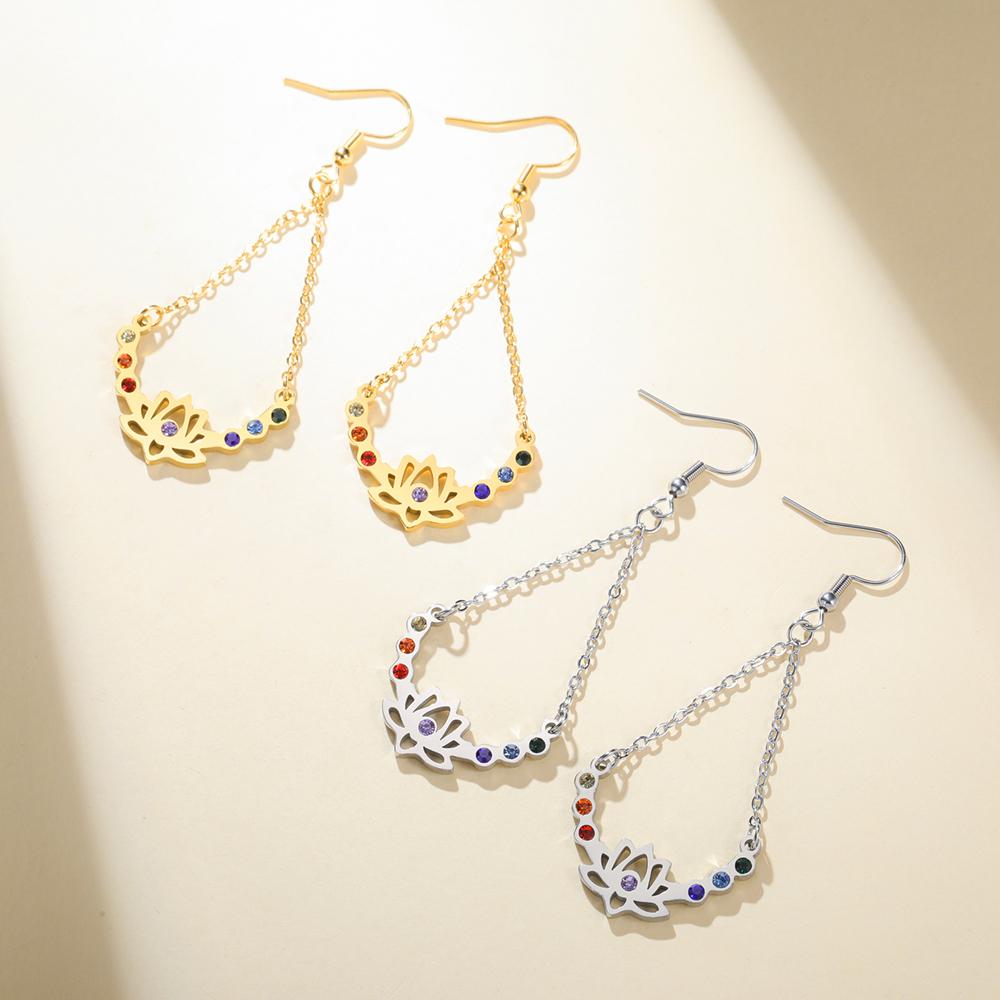 Dawapara Chakras Lotus Flower Dangle Earrings Stainless Steel Women Earrings Colorful Zircon Boho Yoga Spiritual Jewelry