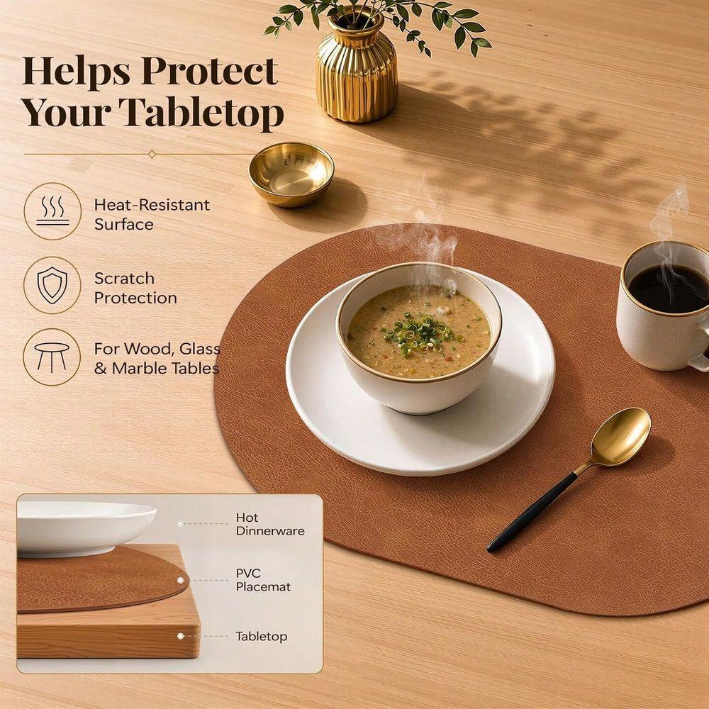 Set di 6 Tovagliette Ovale in Ecopelle, Marrone Rossiccio Impermeabili Lavabili con Panno, Tappetini da Tavola in PU Resistenti al Calore Reversibili