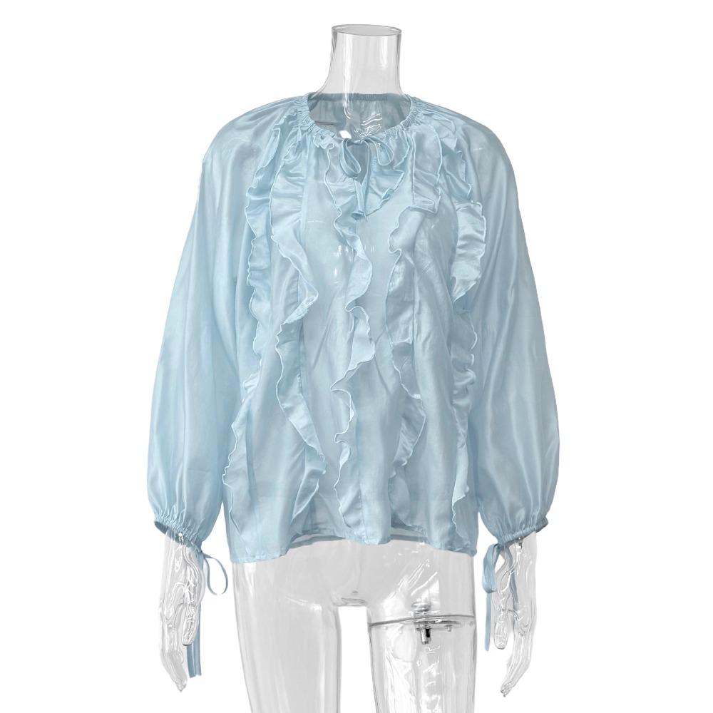 Autumn, French elegant sweet ruffle V-neck lace-up shirt European beautiful woman personality perspective top