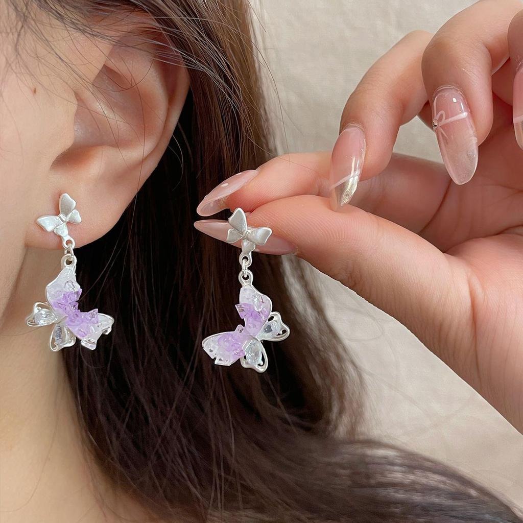Purple Gradient Crystal Butterfly Earrings - High-End Silver Needle Design for Women