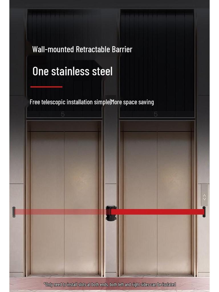 Wall-Mounted Stainless Steel Retractable Queue Barrier with Railing and Warning Tape