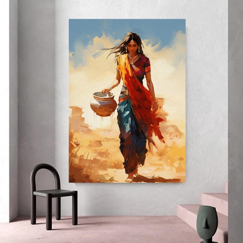 Vintage Traditional Indian Woman Folk Dance Poster Beautiful Indian Woman Art Canvas Painting Wall Print Picture Room Home Decor