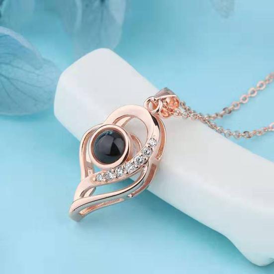 I Love You In 100 Languages Rhinestone Inlaid Hollow Heart Projection Necklace