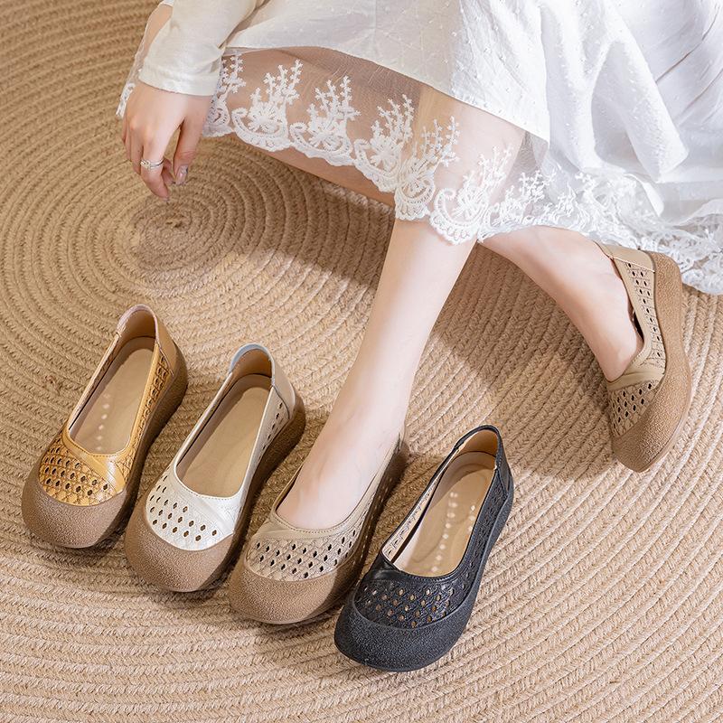 Leather New Summer Sandals Women's Shoes Large Size Mother Soft Sole Hollow Comfortable Flat Bottom Non-slip Single Shoe Hole Breathable