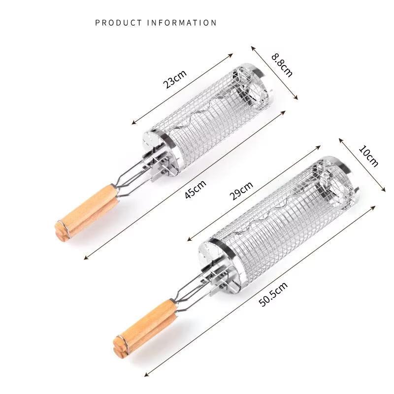 Rolling Grill Basket BBQ Mesh Tube Removable Wooden Handle Stainless Steel Round Mesh Cage Outdoor Camping Cooking Tools