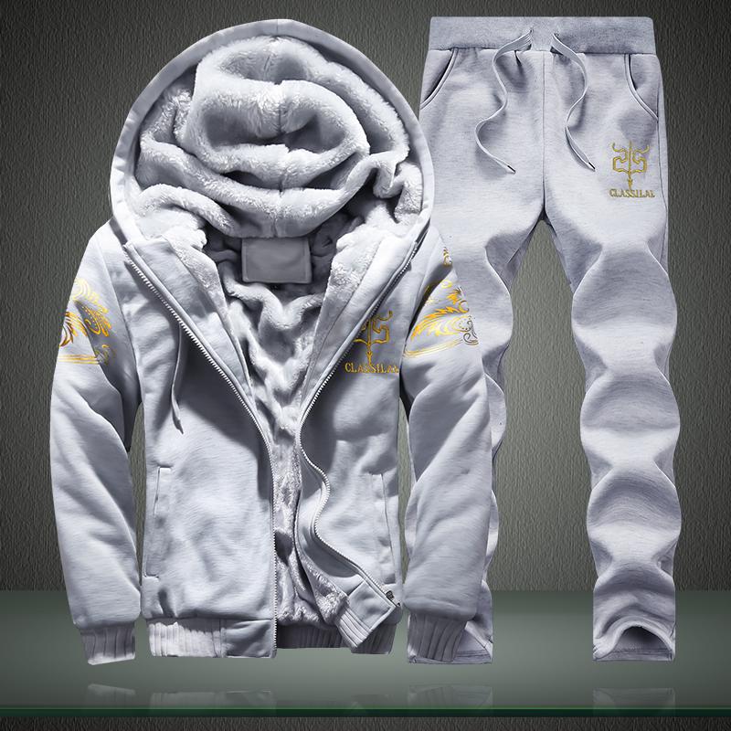 Winter Plush and Thick Long Sleeved Casual Sports Jogging Suits Men's Printed Jackets and Trousers Tracksuit