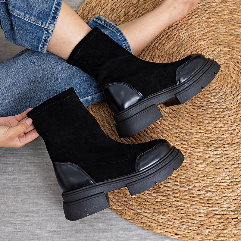 Vintage Britse Stijl Laarzen voor Dames Zomer Nieuw Warm Veelzijdig Dikke Zool Blokhak Korte Laarzen Stretch Slanke Laarzen Comfortabel Zachte Zool Antislip