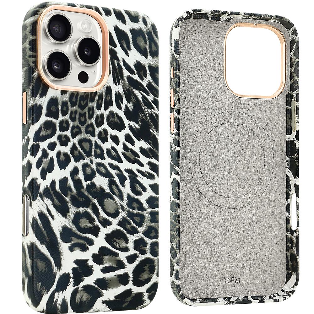 VIETAO Leopardenmuster PU-Leder Magnetische Kabellose Ladefunktion Handyhülle Für iPhone 16 15 Pro Max, 15 pro 16 pro Hülle, Schwarz