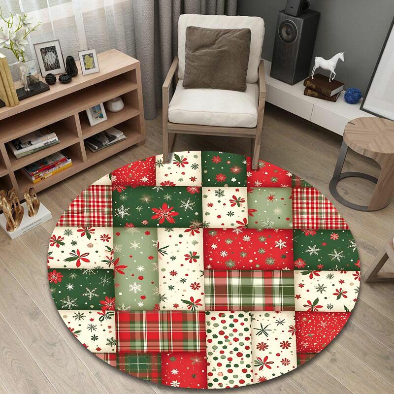 Round Area Rug Christmas Patchwork Quilt Plaid Tartan Poinsettia Snowflake Family Room Decor