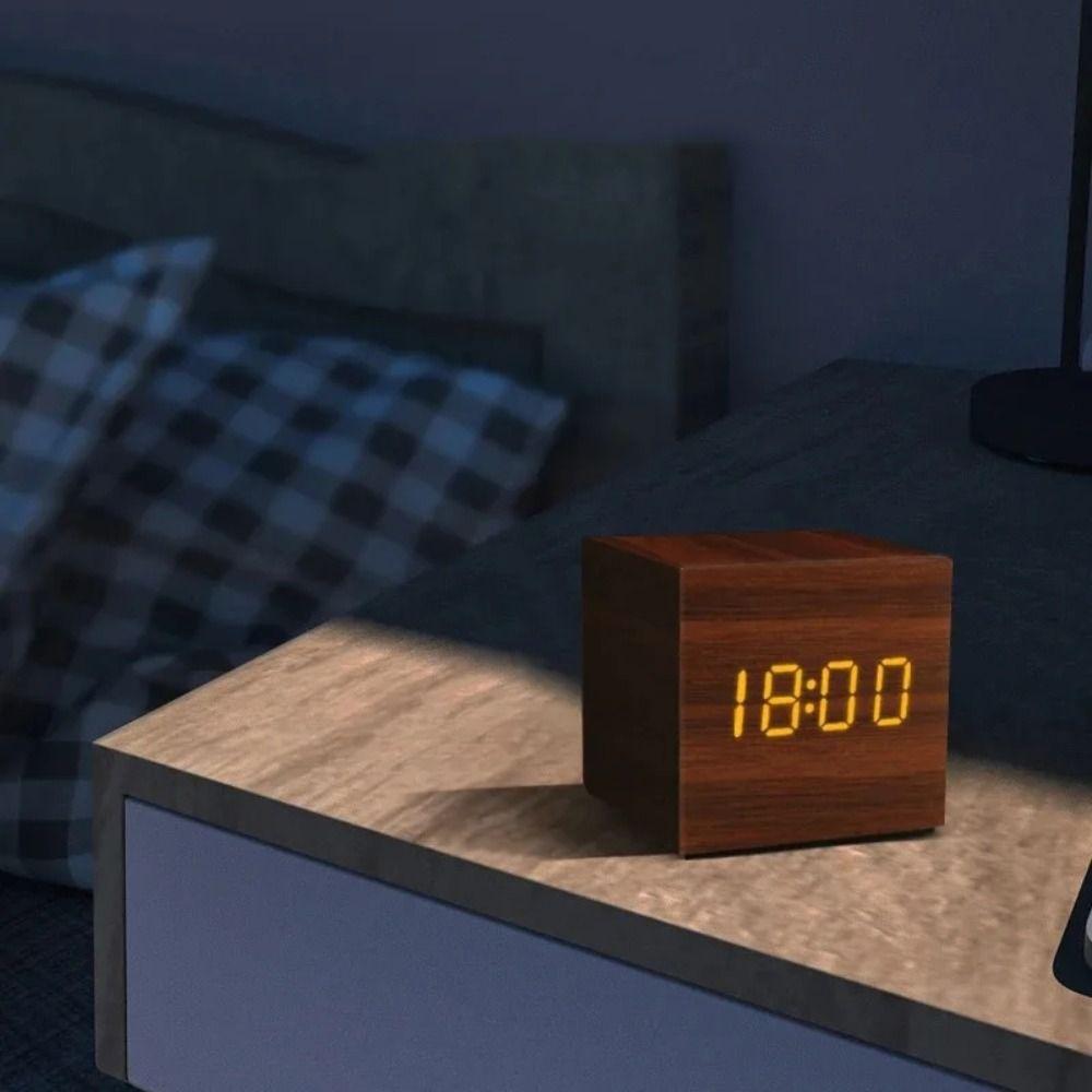 Square Digital LED Alarm Clock Wood Desk Clock Art Ornaments Glow Clock Bedside