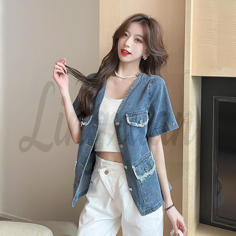 Sommer Damen locker V-Ausschnitt Jeansjacke - Kurzärmelig & Vielseitig
