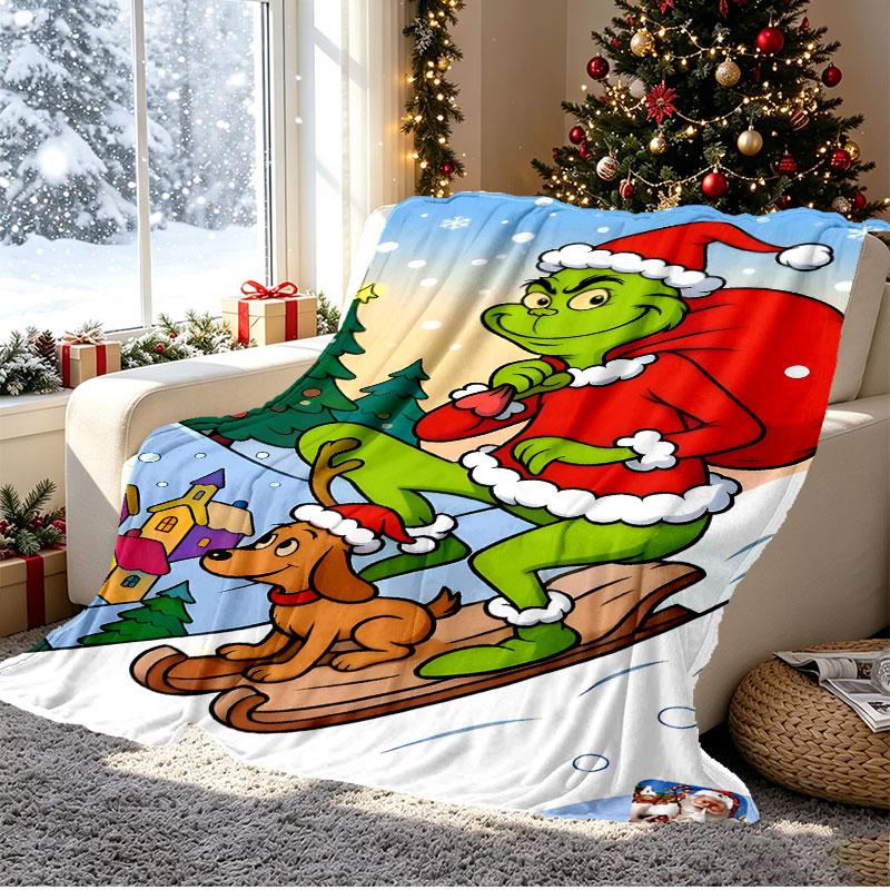 The Grinch Pattern Blanket for Home Decoration, Bed, Sofa, Car Travel, Camping, Suitable for All Seasons, Birthday Christmas Gift