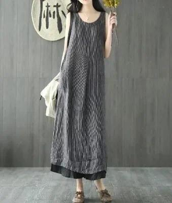 

Summer Women Clothing cotton and linen Sleeveless O-neck Loose Long Dresses for Women XS чёрный