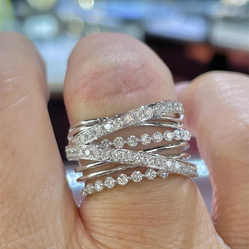 Huitan Trendy Multi-layers Cross Rings for Women Luxury Fashion Wedding Bands Accessories Party Modern Cubic Zirconia Zircon