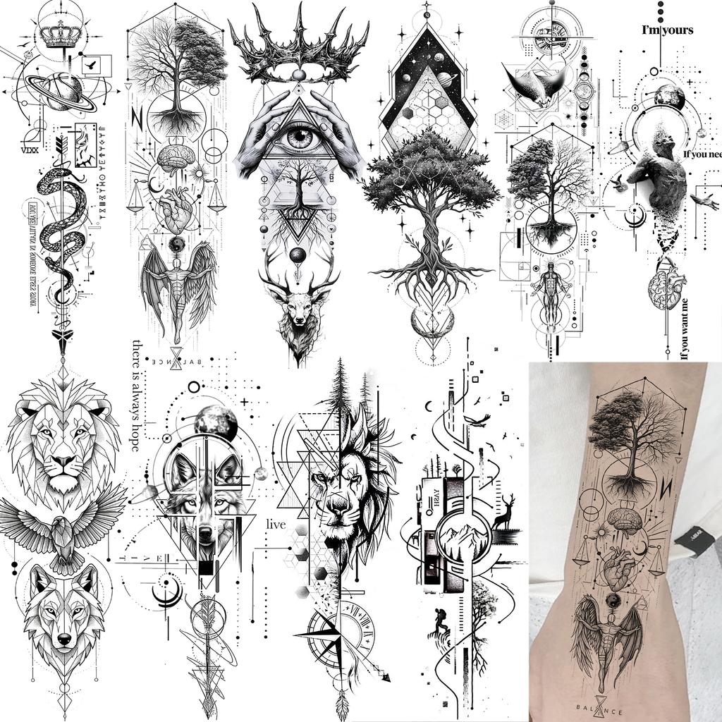 1 Vel Dieren in de Boom Geometrisch Tijdelijke Tatoeages Voor Vrouwen Mannen Arm Nek Onderarm Nep Tatoeage Sticker Lang Blijvend Realistisch Tatoeages