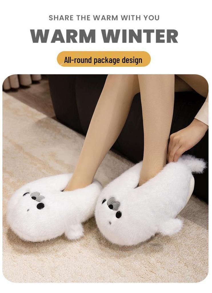 Adorable Cartoon Sea Lion Plush Slippers - Warm, Non-slip Cotton for Men and Girls