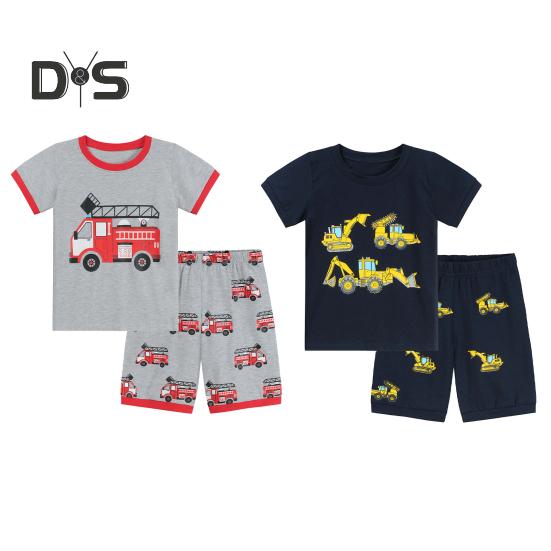 2 Pcs/Set Children Top Pants Suit Cartoon Truck Printing O Neck Pajamas Short Sleeve Summer Outfit Unisex Casual Homewear Clothes