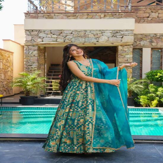 Teal Green Traditional Printed Lehenga Set with Dupatta