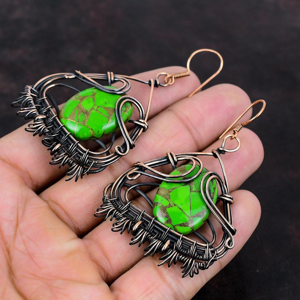 Copper Green Turquoise Earring Copper Wire Wrapped Earrings Gemstone Jewelry Handmade Latest Design Earring Gift For Her Copper Wire Jewelry
