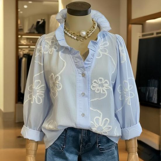 Women Shirt V-Neck Lace Trim Long Sleeve Pullover Tops Pure Color Embroidery Flower Pattern