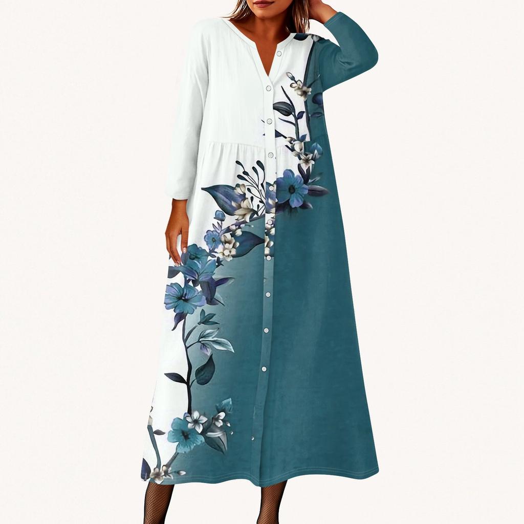 Women's Fashionable Printed Round Neck Seven Quarter Sleeve Button Loose Shirt Dress